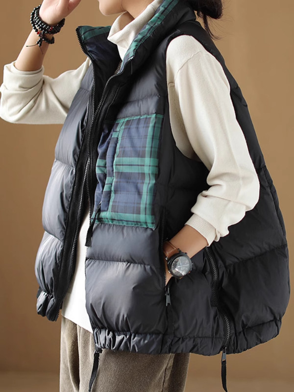 覆古文艺拼色格子羽绒棉马甲女2025宽松无袖加厚背心保暖大码外套
