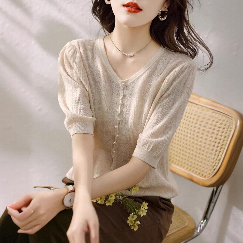 淑女温柔风上衣女2024夏季新款V领显白针织短袖T恤减龄显瘦打底衫