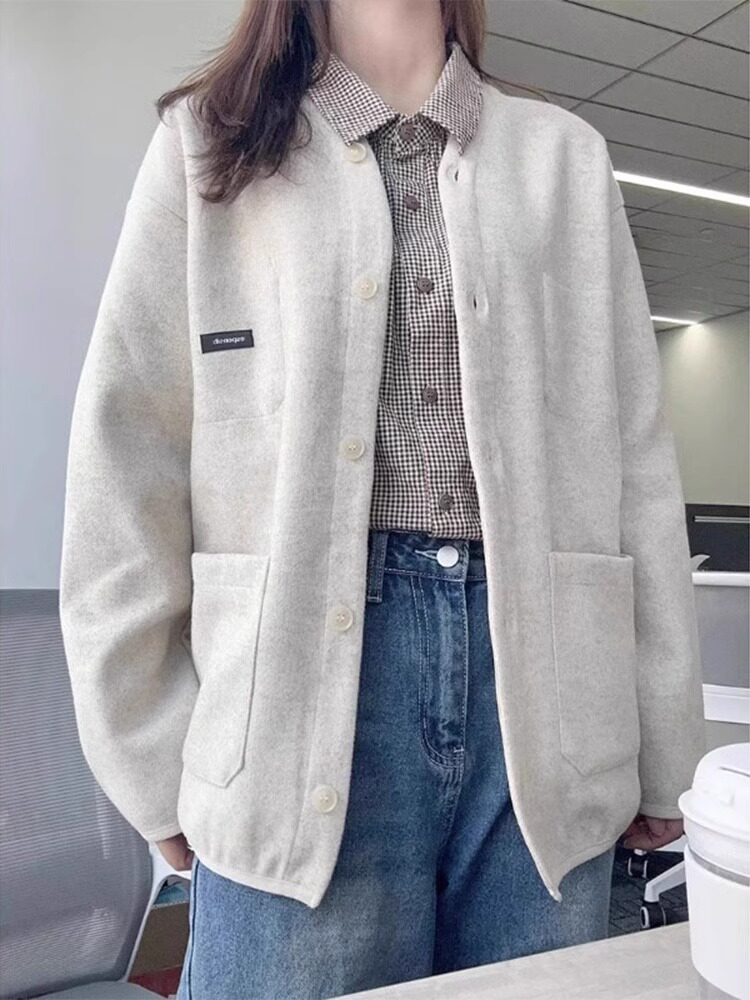 美式灰色覆古夹克外套女早春季2025春秋小个子高级感针织开衫上衣