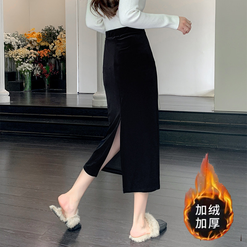 金丝绒半身裙女黑色包臀裙长裙秋冬高腰开叉复古显瘦中长款一步裙,女装/女士精品,大码半身裙,淘宝优惠券,粉丝福利购,淘宝优惠卷