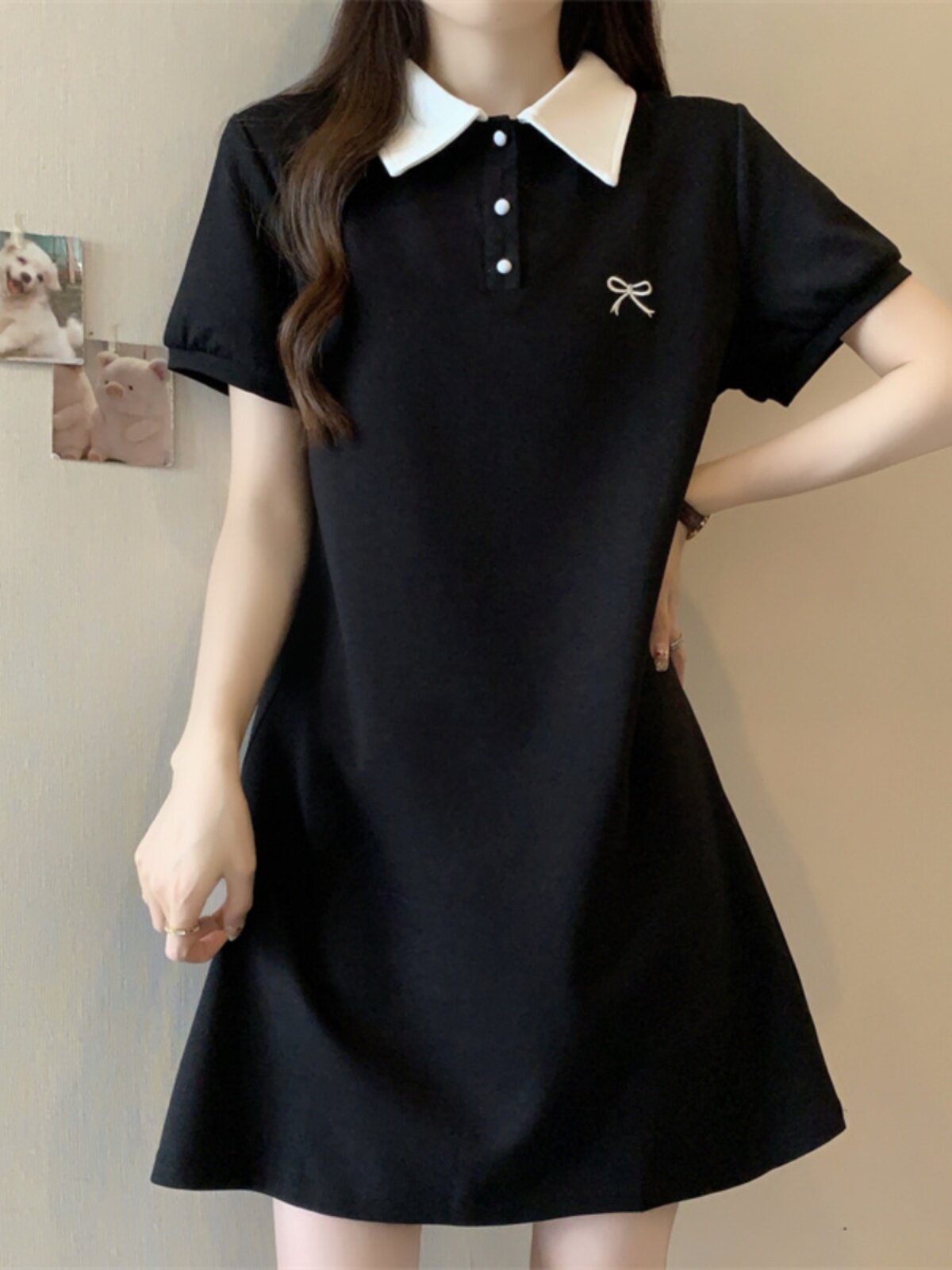 小个子收腰连衣裙女大码夏季法式胖妹妹显瘦遮肚休闲polo领a字裙