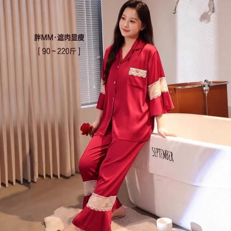 冰丝睡衣女夏加肥加大码微胖MM荷叶七分袖长裤两件套家居服200斤