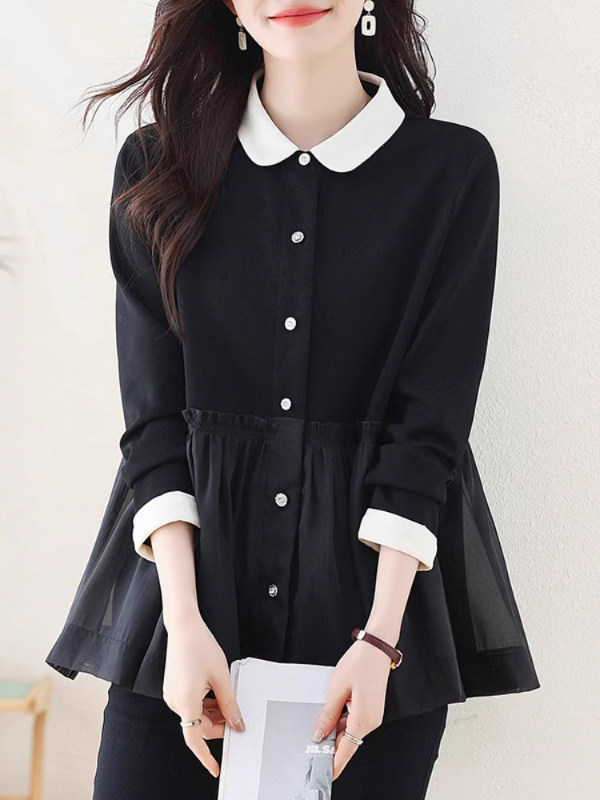 长袖裙摆衬衫女春季2025新款假两件上衣收腰遮肚子宽松显瘦雪纺衫