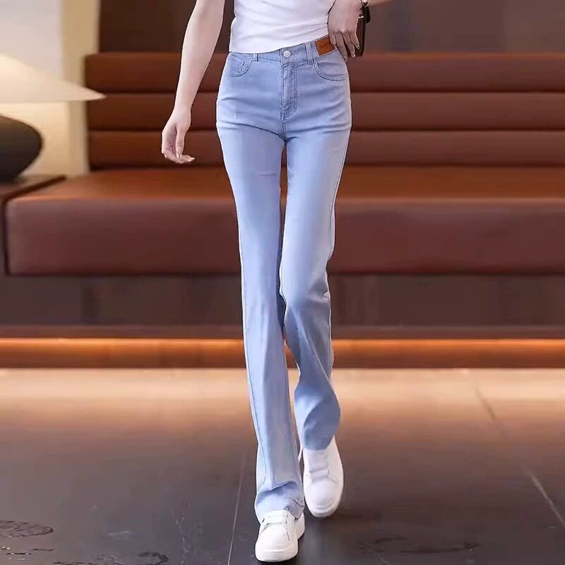 天丝牛仔裤女夏季新款薄款高腰显瘦弹力窄版冰丝喇叭裤拖地微喇裤