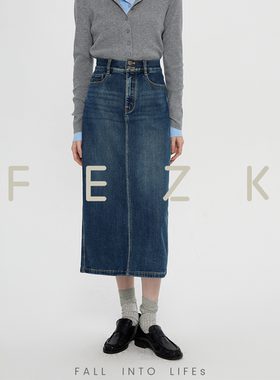 FEZK•温柔随性 显瘦不挑腿型 经典后开叉半设计半身牛仔裙FS155