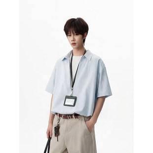 潮流设计感慵懒廓形宽松上衣松弛感条纹假两件衬衫 男 新款 2026夏装