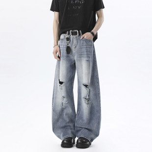 舒适百搭高街时尚 感爆棚轻松驾驭 破洞水洗牛仔阔腿裤 复古美式