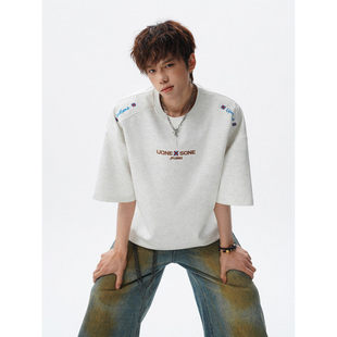 开叉拼肩款 2026夏装 新款 美式 T恤 上衣重磅砂洗刺绣天丝棉冰丝短袖