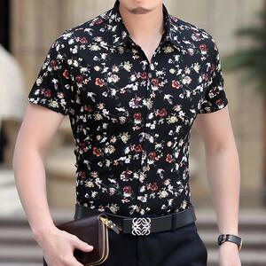 短袖衬衫男夏中年时尚休闲碎花衬衣爸爸装加肥加大码宽松印花半袖
