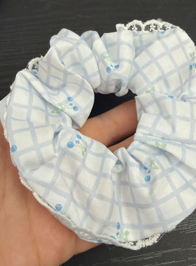 温柔风蓝色樱桃蕾丝大肠发圈甜美少女扎头发绳