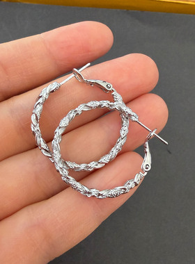 复古百搭银色圆环耳环女简约时尚麻花纹理铜质S925银针耳饰