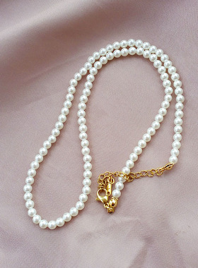 简约百搭精致施家ins风小众毛衣链女气质锁骨链4毫米仿珍珠项链