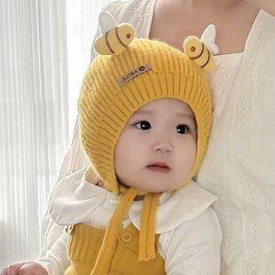 婴儿帽子秋冬毛线帽宝宝保暖防风针织可爱秋冬季系绳女童护耳包头