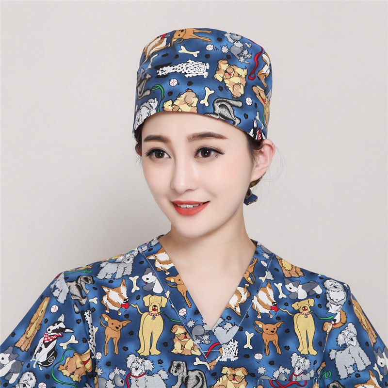 手术室印花帽子欧美医生护士宠物医院工作帽小系带帽短发适用