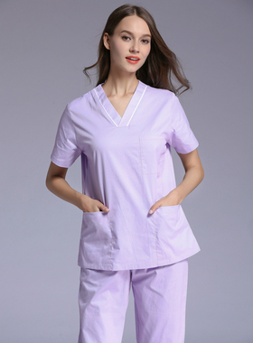 夏季女医生纯棉洗手衣分体工作服套装口腔短袖开肩美容服手术服