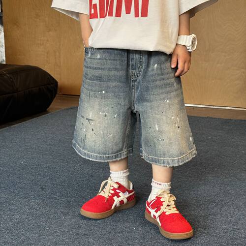 萌萌哒童装 2026夏季新款儿童洋气中裤子男女童小童泼漆牛仔短裤