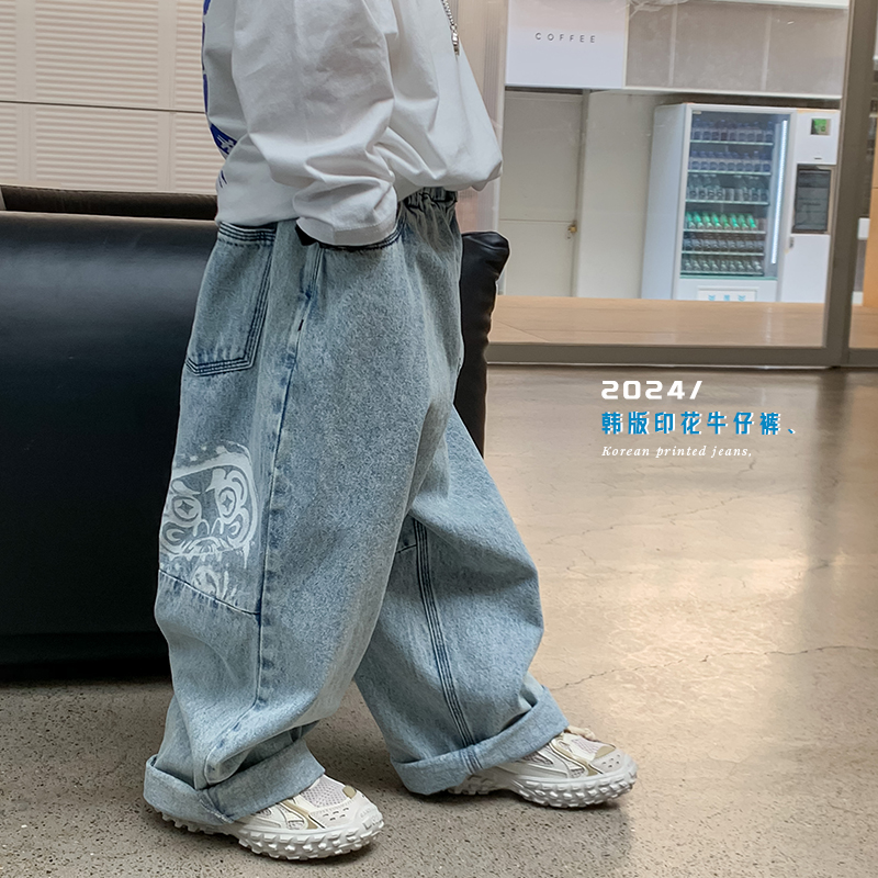 2024新款春夏童装男童薄款牛仔裤长裤儿童宝宝帅气涂鸦直筒裤子潮