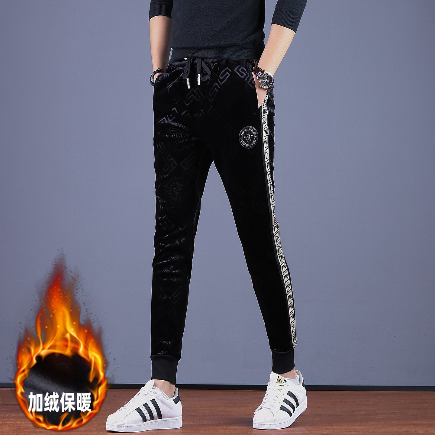 2025新款高端男士加绒休闲裤潮牌刺绣修身金丝绒束脚裤子男秋冬季,男装,休闲裤,淘宝优惠券,粉丝福利购,淘宝优惠卷