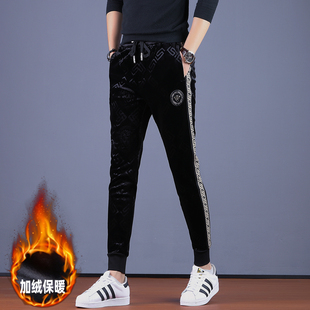 2025新款高端男士加绒休闲裤潮牌刺绣修身金丝绒束脚裤子男秋冬季