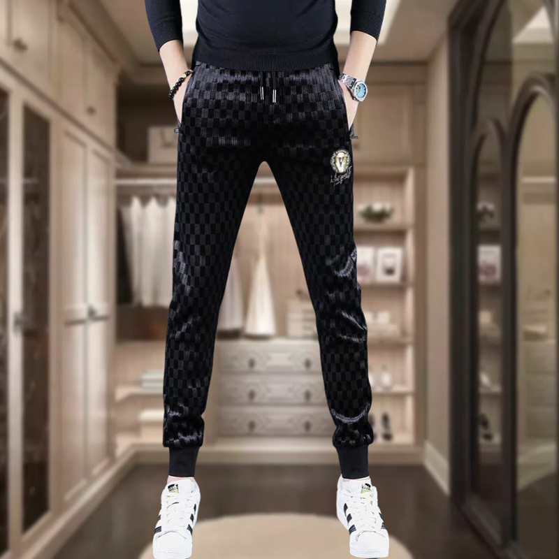 秋冬季高端金丝绒刺绣休闲裤男士抗寒保暖束脚裤修身弹力运动裤子,男装,休闲裤,淘宝优惠券,粉丝福利购,淘宝优惠卷