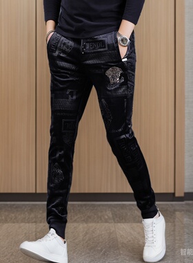 欧洲站男款加绒休闲裤潮牌冬季男装男士金丝绒裤子灯芯绒束脚裤男