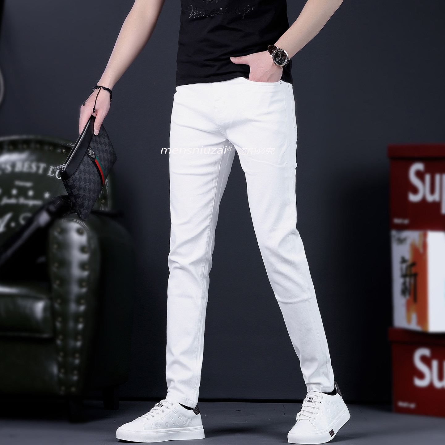 白色牛仔裤男高档男士弹力休闲裤子高街潮流长裤直筒男款男裤