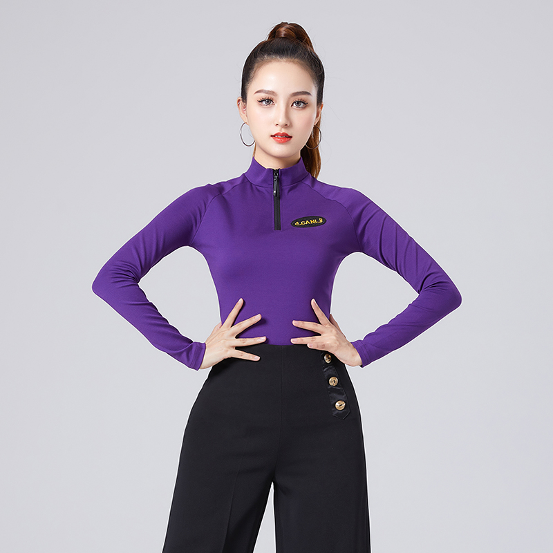 拉丁舞蹈服上衣女成人摩登舞新款长袖秋冬练功服国标舞服紫色高领