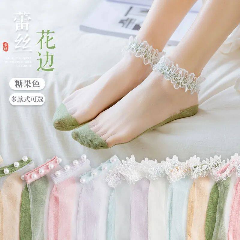 网红花边袜子女短袜浅口蕾丝网纱时尚水晶玻璃丝袜夏季潮ins抖音