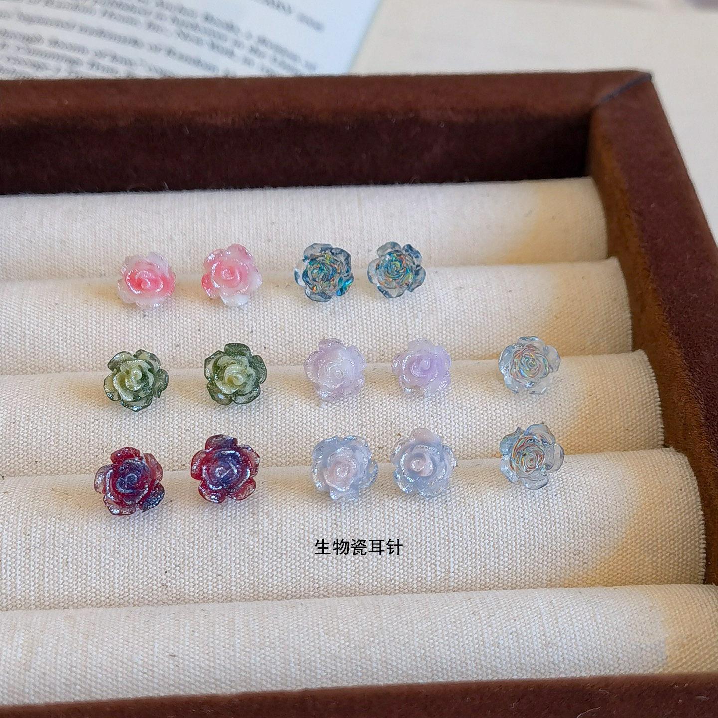 迷你新中式玫瑰生物瓷耳钉