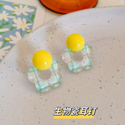 麻薯手作医用生物瓷耳钉彩色多巴胺黄绿撞色耳环日常通勤甜美耳夹