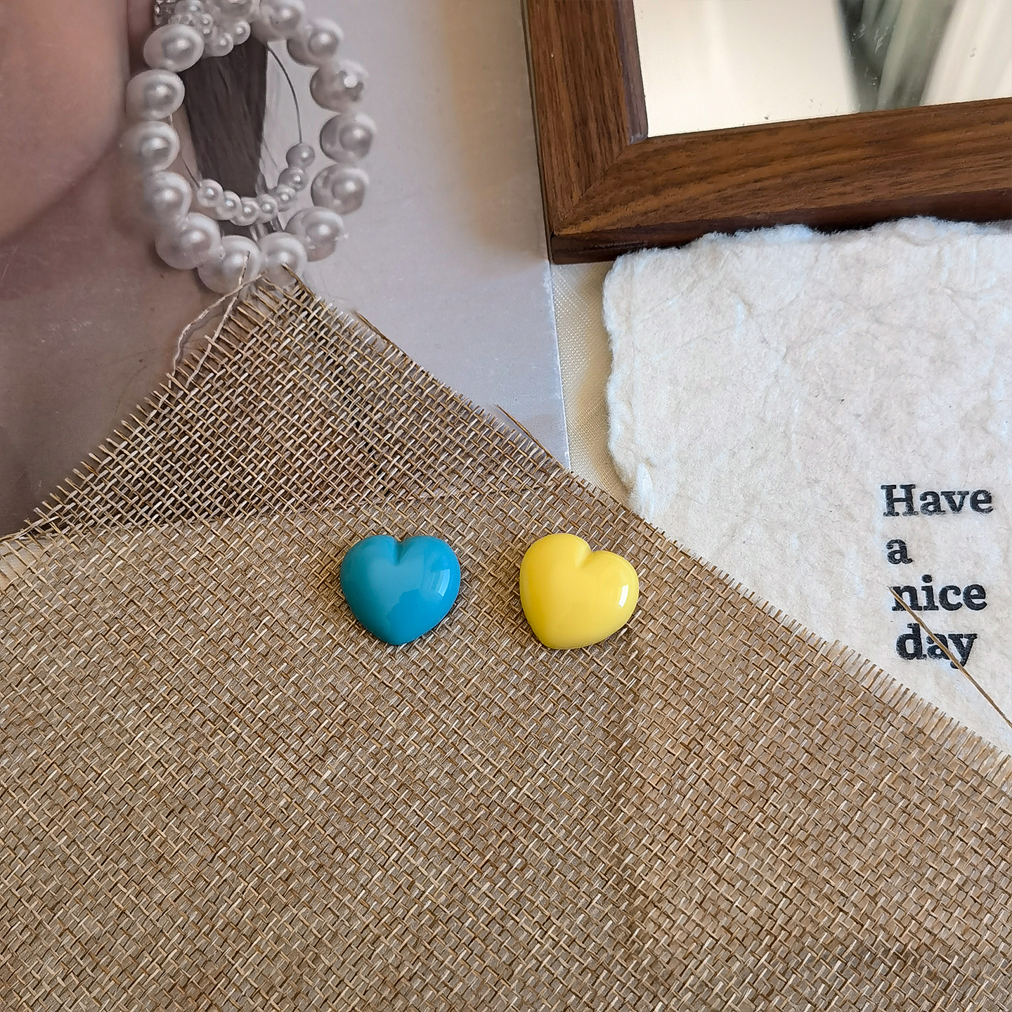 生物瓷耳钉防过敏养耳洞ab款不对称黄蓝撞色爱心树脂耳环耳夹耳饰