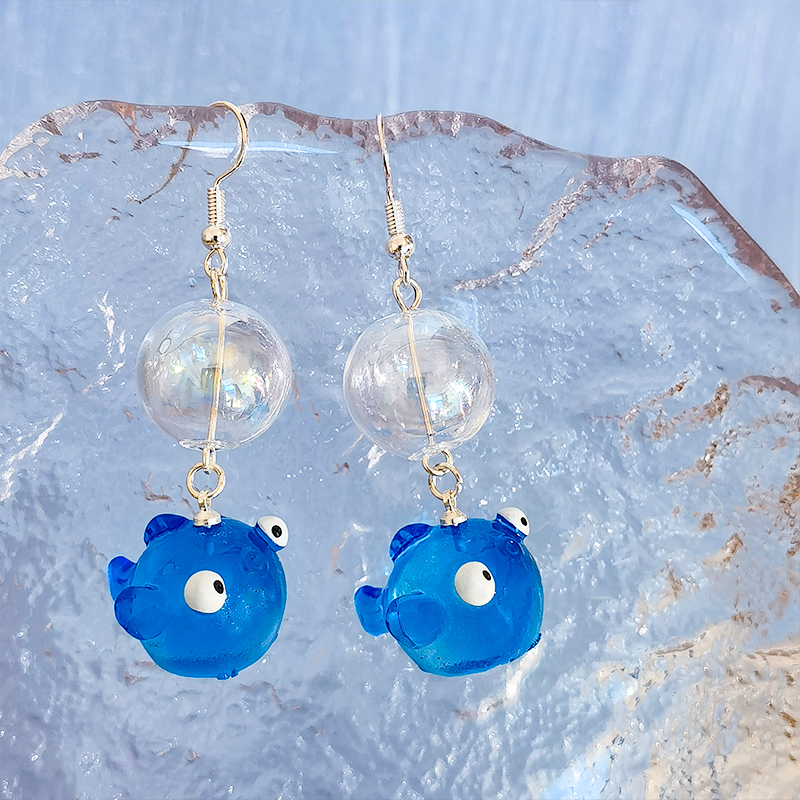 可爱蓝色泡泡鱼耳环少女古怪童趣海洋生物玻璃耳钉甜美无耳洞耳夹