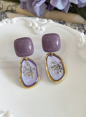 生物瓷耳钉防过敏养耳洞油画感手工滴胶花卉紫色耳环复古独特耳夹