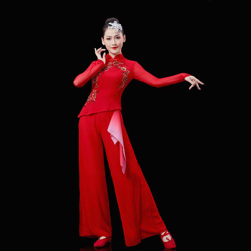 2024新款腰鼓舞蹈演出服成人扇子舞红色表演服胶州秧歌服古典舞服