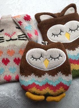 英国accessorize彩虹民族风毛线编织卡通小动物猫咪猫头鹰零钱包