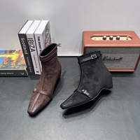Women's ankle high boots with metal buckles, wedge heels and back zippers, slimming and retro style thumbnail 3