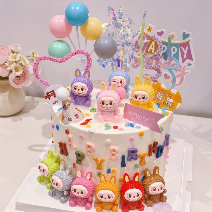 网红拉布布bubu蛋糕装饰摆件卡通彩色兔子气球串儿童生日甜品装扮