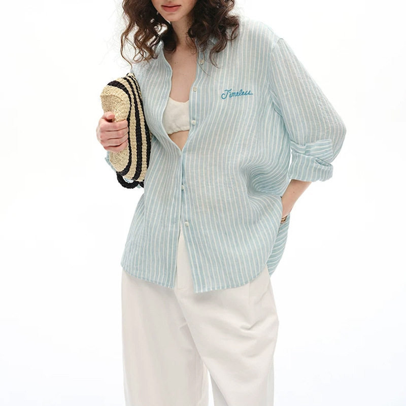 Opaline50亚麻50汉麻竖条纹刺绣衬衫女宽松显瘦长袖百搭衬衣上衣
