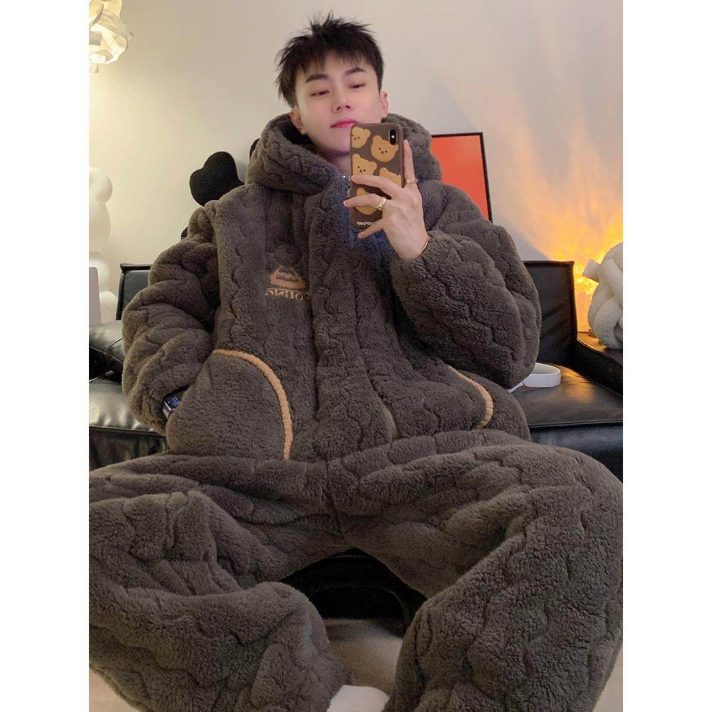 男款睡衣加绒加厚秋冬季保暖珊瑚绒青少年三层夹棉冬天连帽家居服