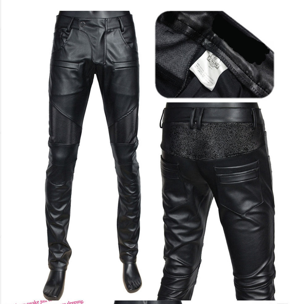 할리 라이더 가죽 바지 남성용 맞춤형 꽉 작은 발 한국 스타일 남성 의류 접합 나이트 클럽 오토바이 십대 학생