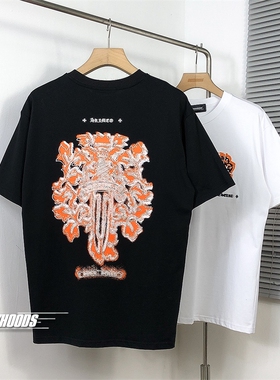 真的会很养眼橙色大宝剑线条刺绣花十字架潮牌短袖棉情侣短袖T恤