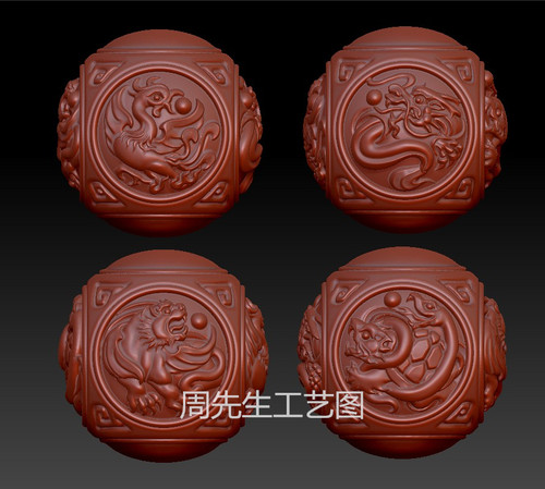 四神四象八卦佛珠圆珠stl立体圆雕图三维雕刻3D模型四大神兽 Q772