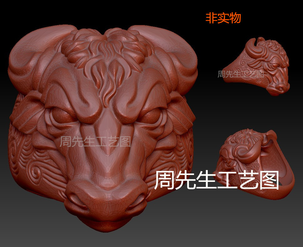 三维立体图圆雕图3d打印stl文件牛牛头戒指扳指雕刻机3d模型 Q295