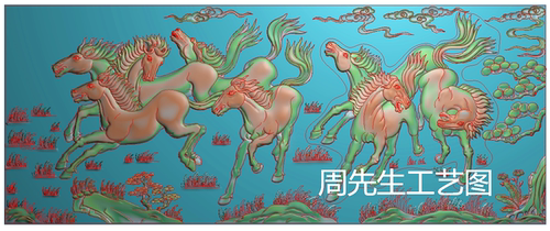 八骏图精雕图马精雕图jdp灰度浮雕图八骏马图带线电脑雕刻图AS445