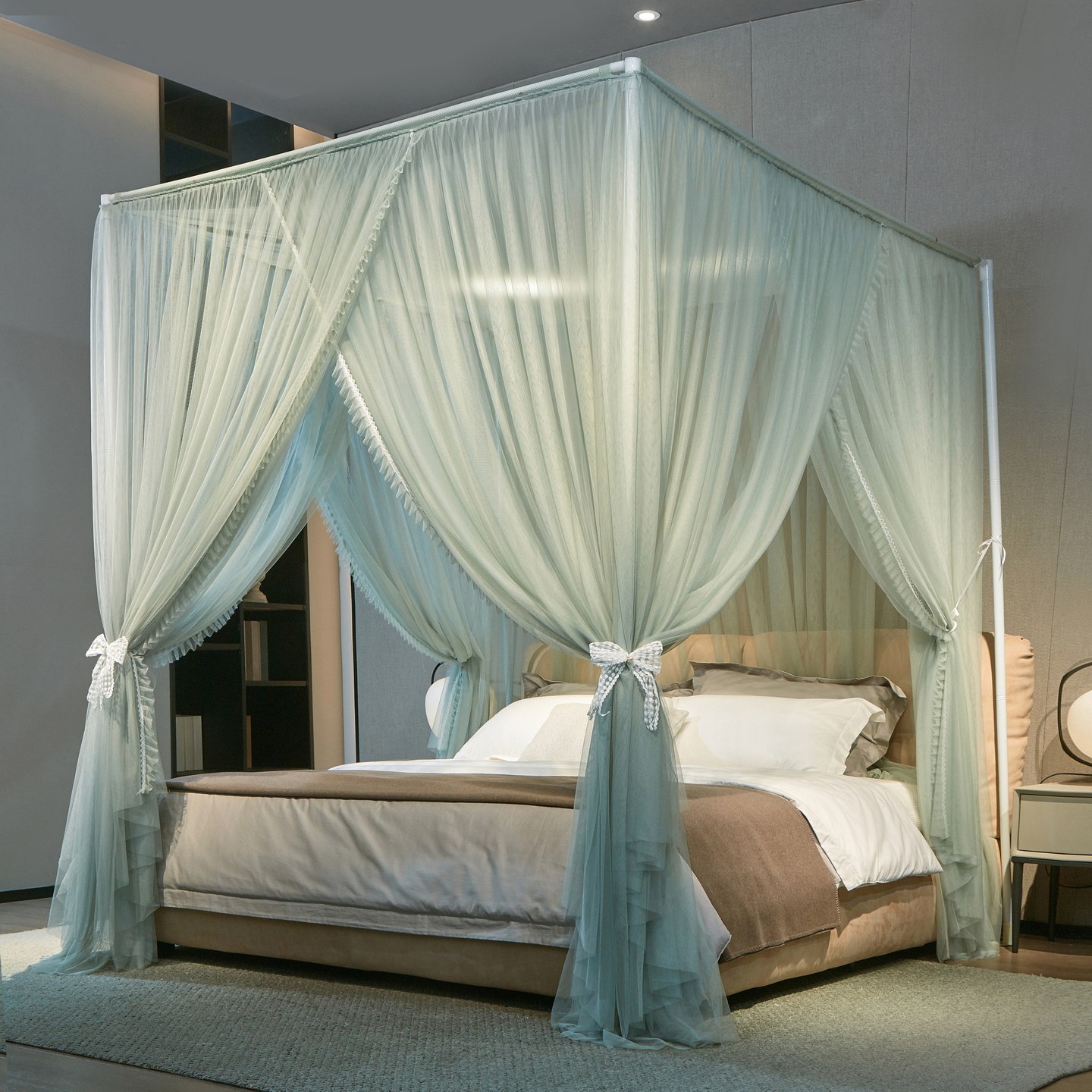 轻奢简易绣花加厚铁杆外撑式宫廷蚊帐落地三开门帐纱加密莎公主风