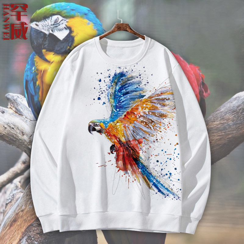 动物鹦鹉绘画鸟创意图案全幅圆领卫衣套头男女加绒长袖打底上衣服