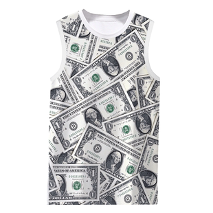 美元欧元英镑货币钞票金钱图案创意趣味速干背心男士无袖T恤衫夏