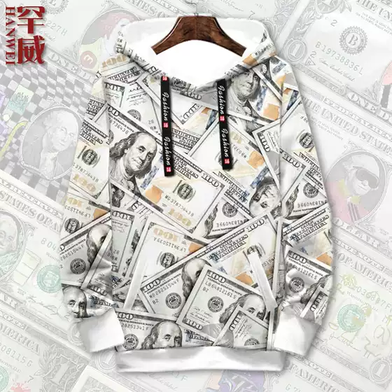 Dollar, Euro, Pound Currency Banknotes Money Pattern Creative Fun Fleece-Lined Hooded Sweatshirt Unisex Jacket Hoodie