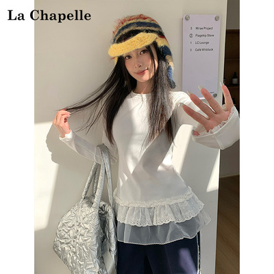 拉夏贝尔白色圆领长袖T恤