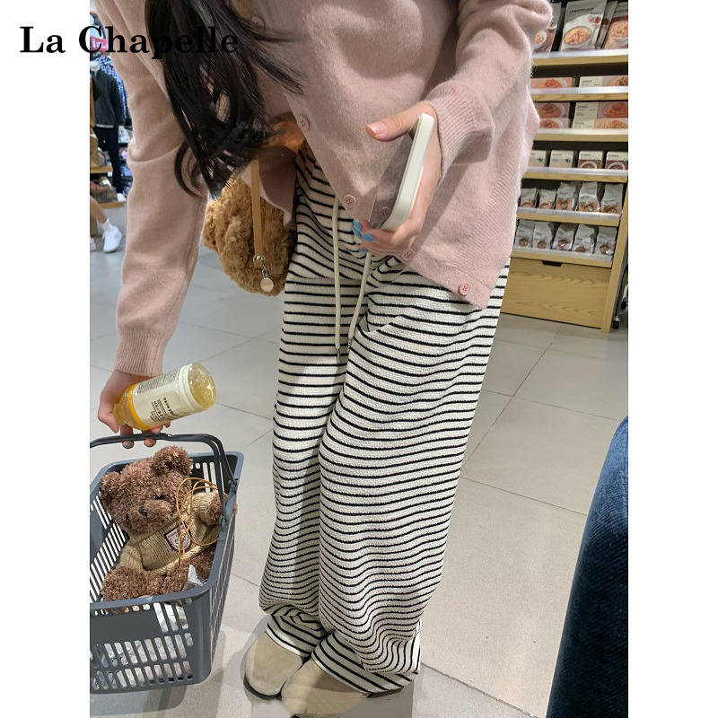 拉夏贝尔加绒条纹裤女秋冬新款高腰直筒宽松垂感遛弯休闲阔腿裤子